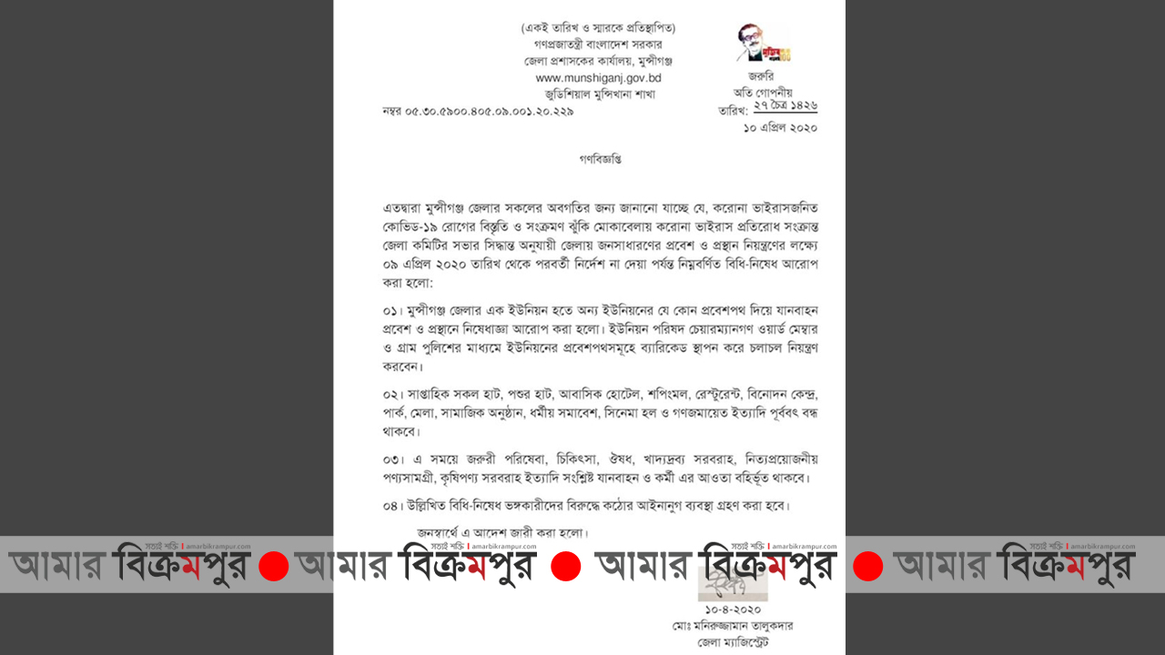 করোনা: সর্ব্বোচ্চ কঠোর অবস্থানে মুন্সিগঞ্জ