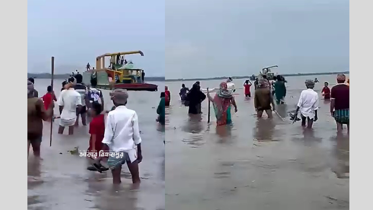 নদীতে বালু তোলায় প্রতিবাদে কাজ না হওয়ায় লাঠি-বাঁশ নিয়ে দলবেঁধে নদীতে নামলেন নারী-পুরুষ